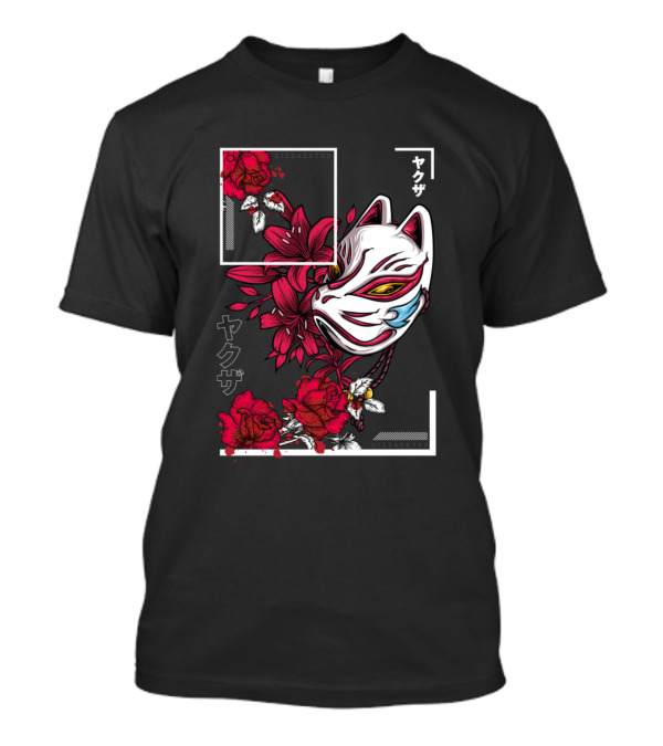 Yakuza Mask Red Flowers Japanese Urban Floral Fox T-Shirt
