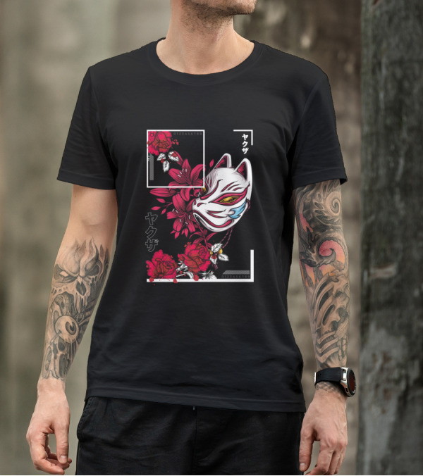 Yakuza Mask Red Flowers Japanese Urban Floral Fox T-Shirt