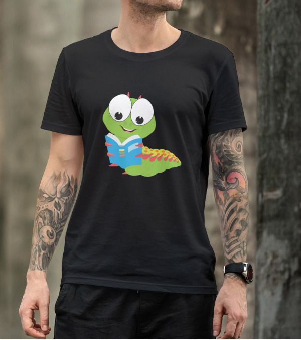 Kids Cartoon Caterpillar With Book Motif T-Shirt