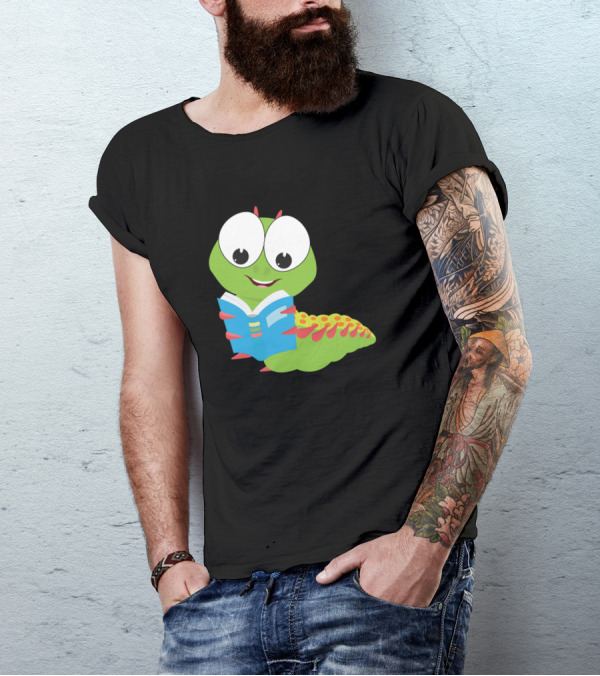 Kids Cartoon Caterpillar With Book Motif T-Shirt