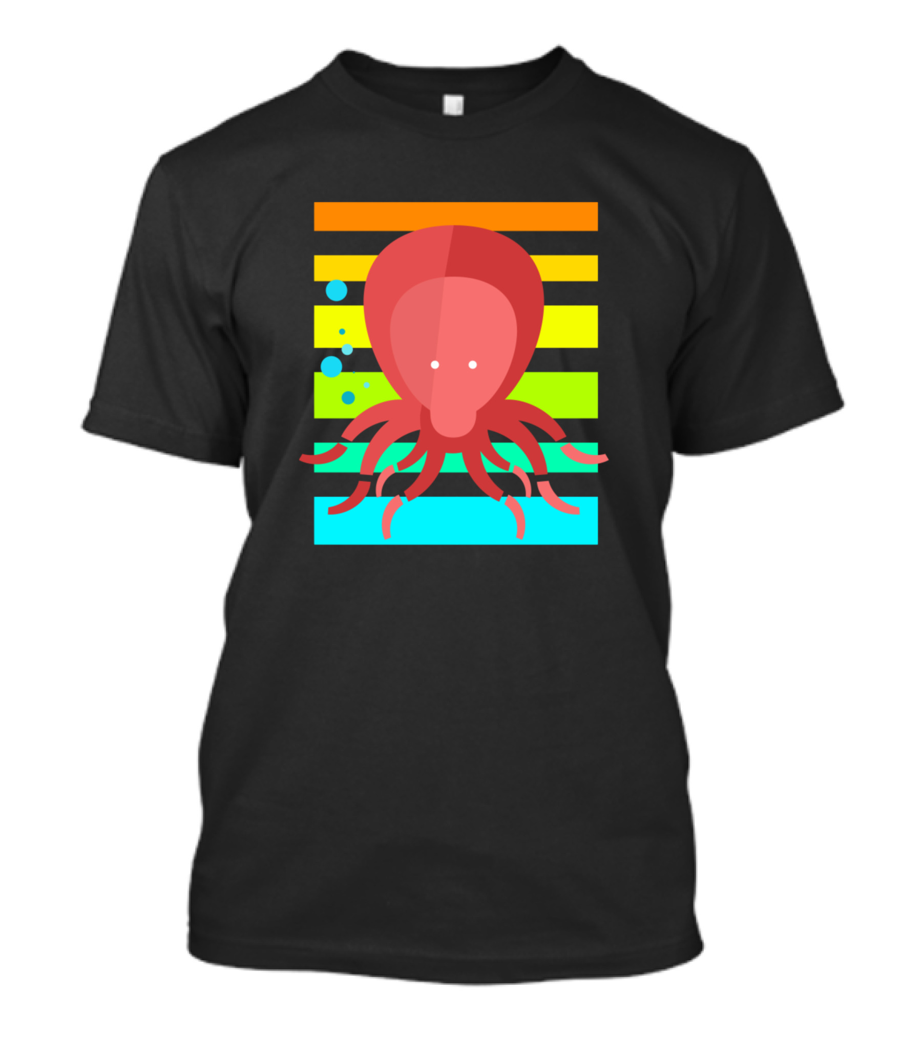Octopus Sunset Retro Stripes Ocean Bubbles T-Shirt