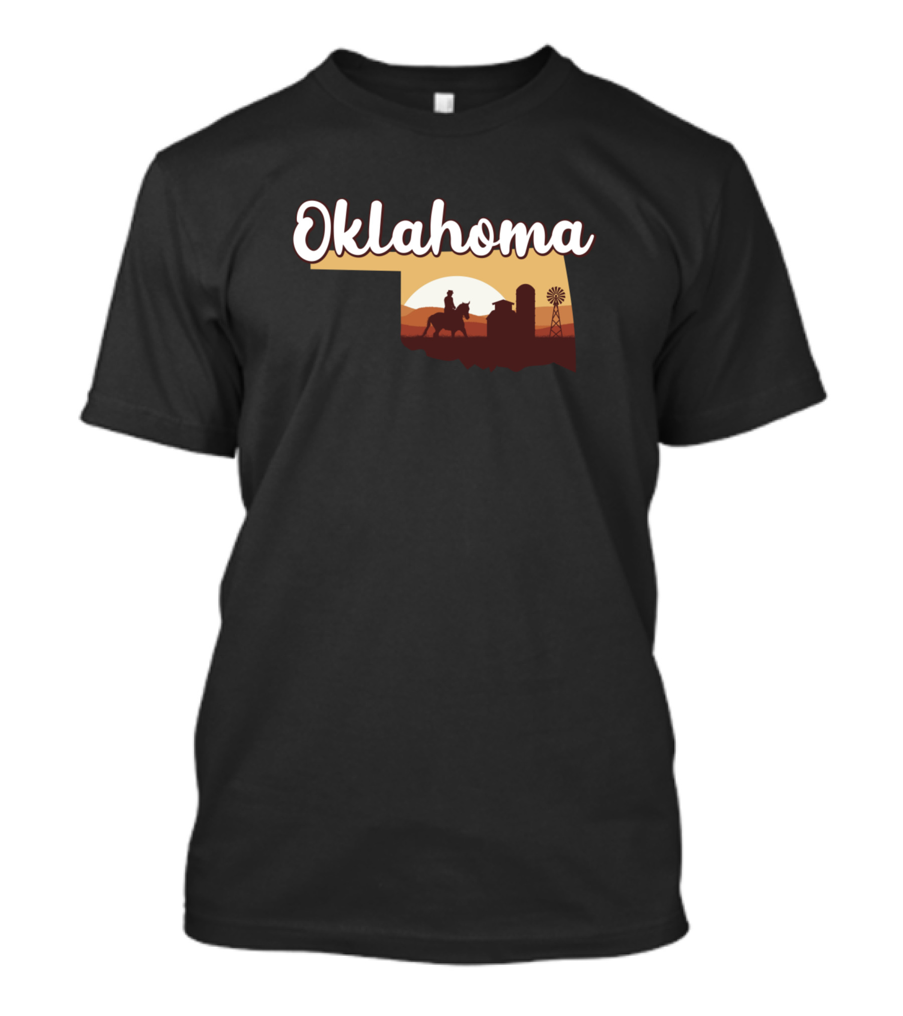 Oklahoma Map Cowboy Horse Riding Barn Windmill Scene T-Shirt
