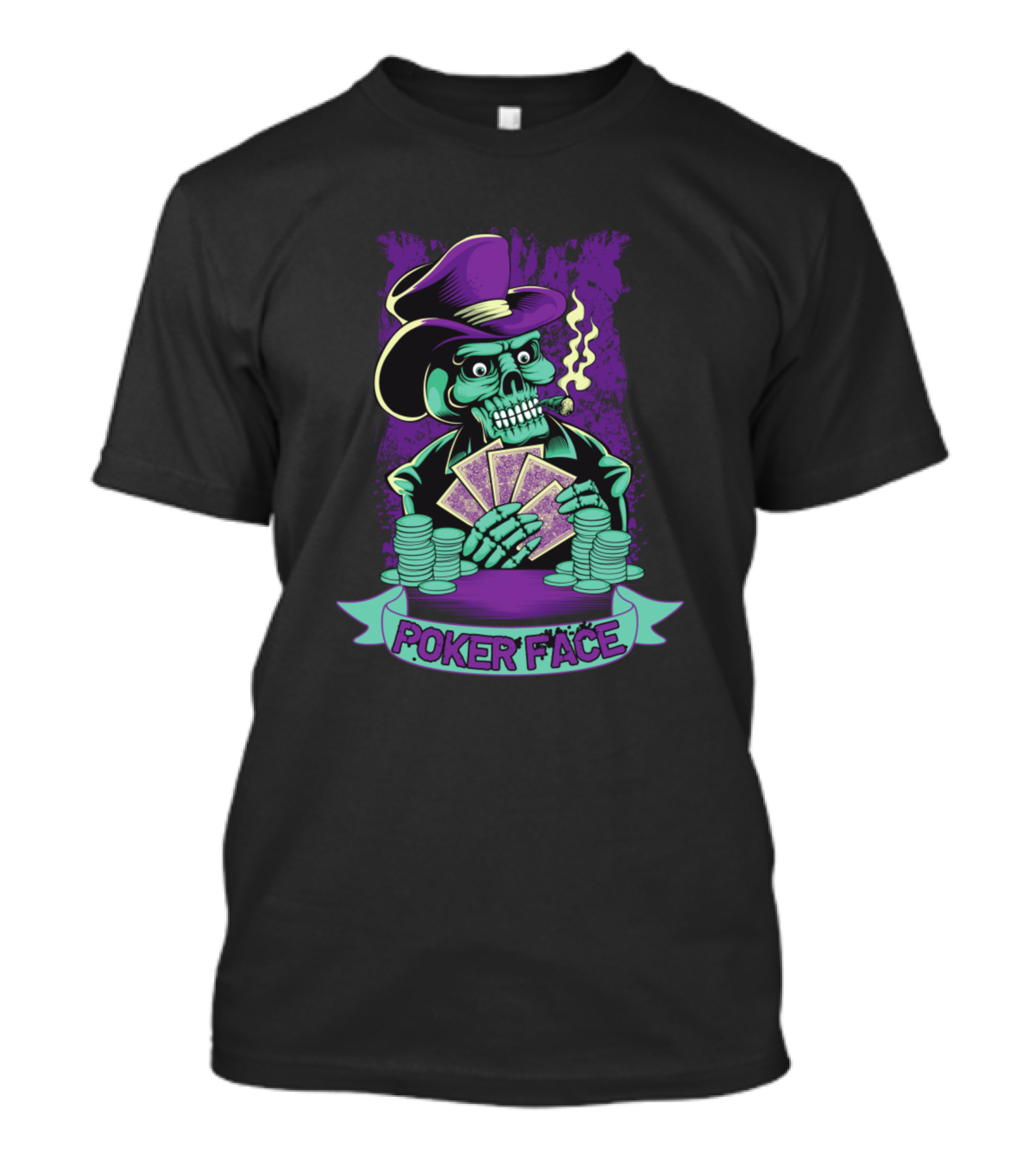 Poker Face Skull Gambler Playing Cards Smoking Cigar T-Shirt