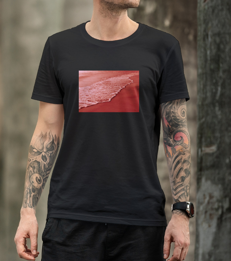 Red Ocean Waves Meet Crimson Sand Shoreline T-Shirt