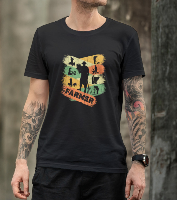 Farmer Silhouette With Retro Farm Scenes And Pitchfork T-Shirt