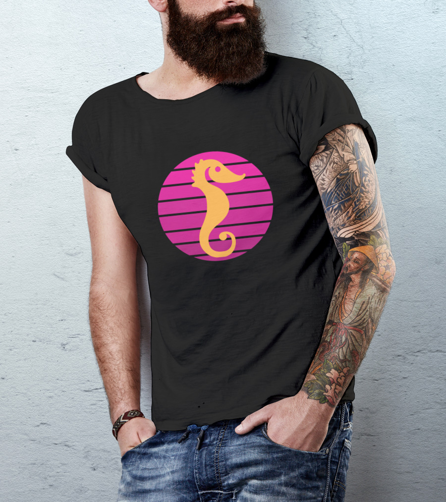 Seahorse Against Retro Pink Striped Sunset T-Shirt