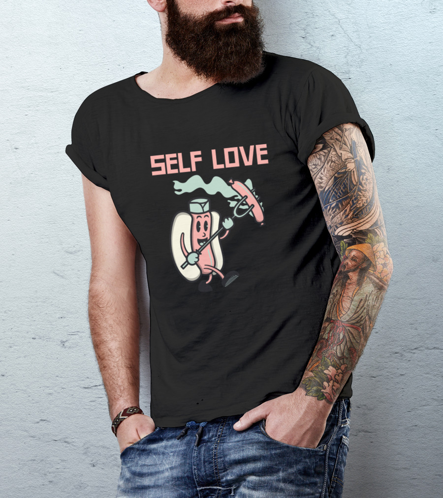 Self Love Cartoon Hot Dog Grilling Funny T-Shirt