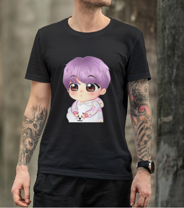 Seokjin BTS Chibi Character With Purple Hair Hugging Cartoon Animal T-Shirt
