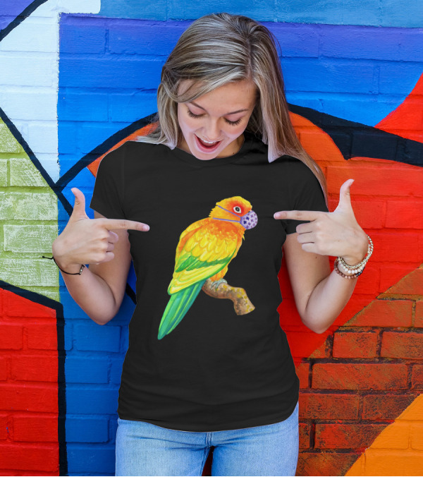Sun Conure Parrot Wearing Face Mask Watercolor Art Bird Branch Colorful T-Shirt