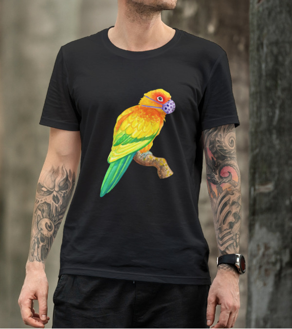 Sun Conure Parrot Wearing Face Mask Watercolor Art Bird Branch Colorful T-Shirt