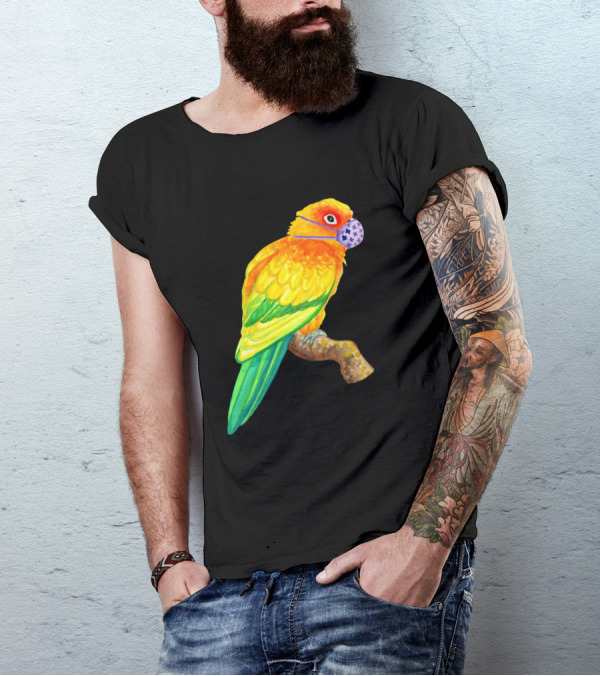 Sun Conure Parrot Wearing Face Mask Watercolor Art Bird Branch Colorful T-Shirt