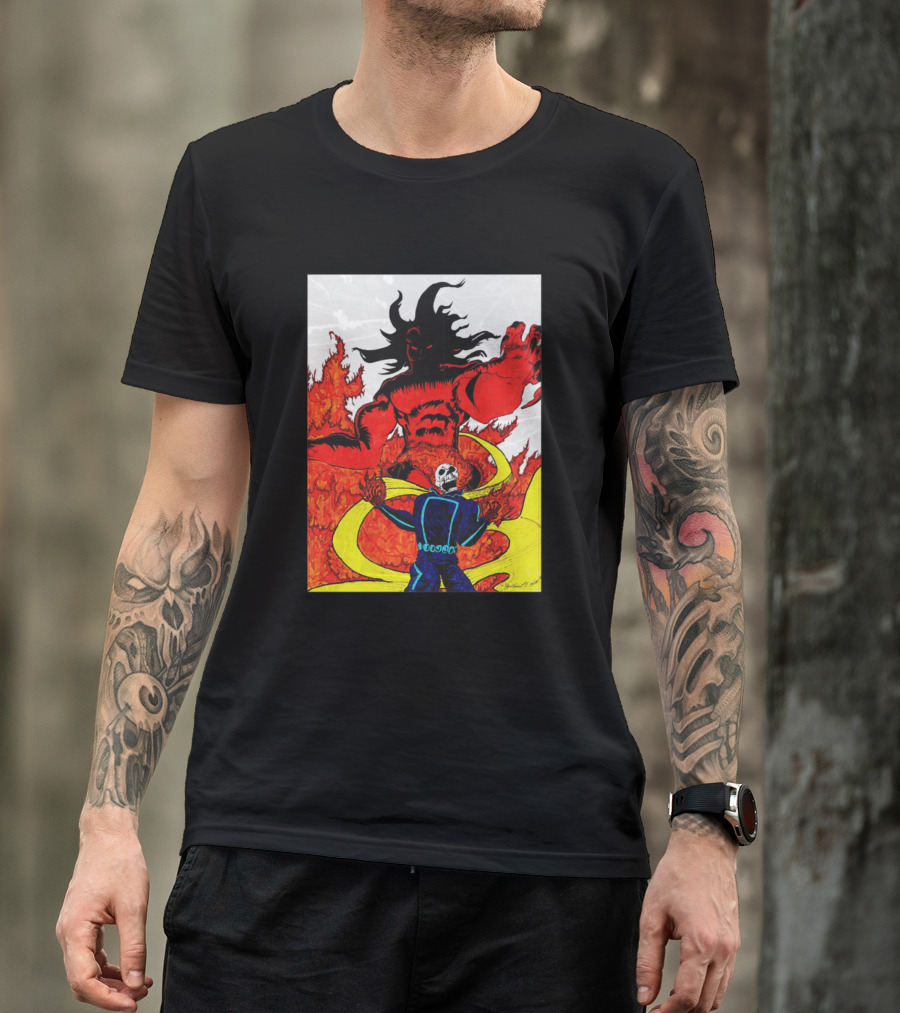 Ghost Rider Battling Fiery Demon With Skull Face And Flaming Background T-Shirt