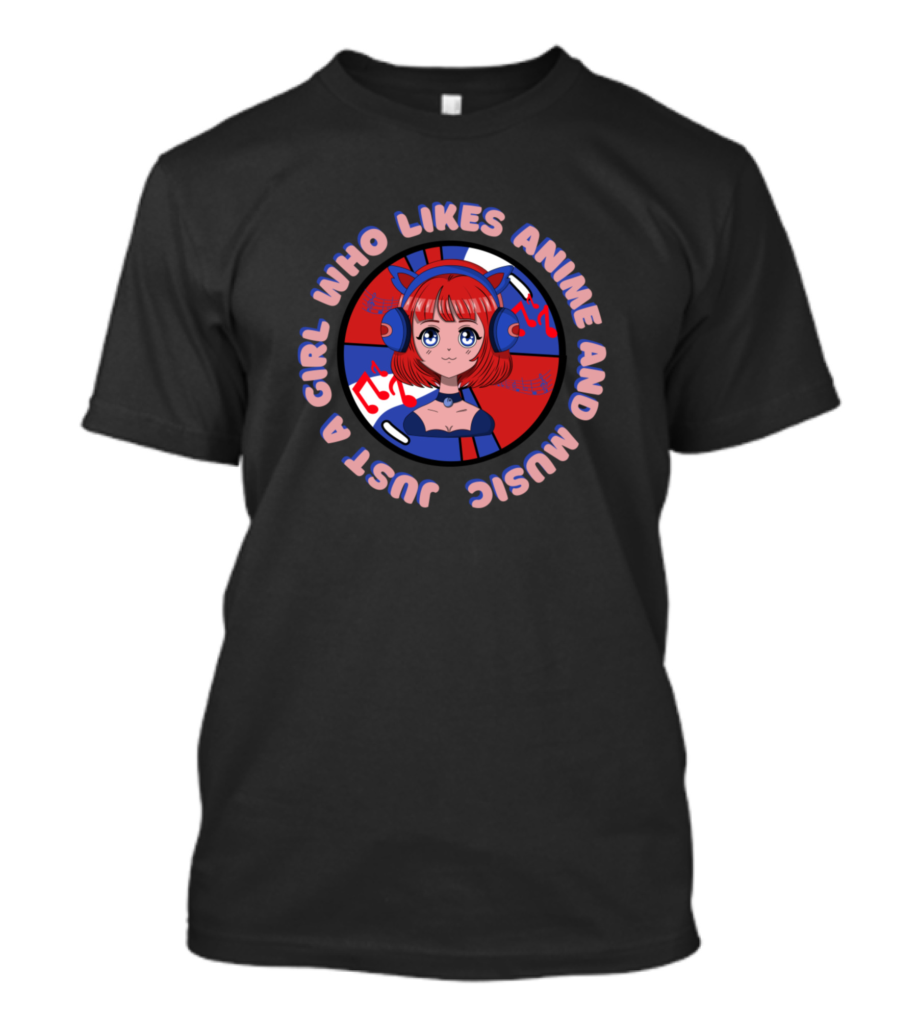 Just A Girl Who Likes Anime And Music Featuring Red-Haired Character With Headphones T-Shirt