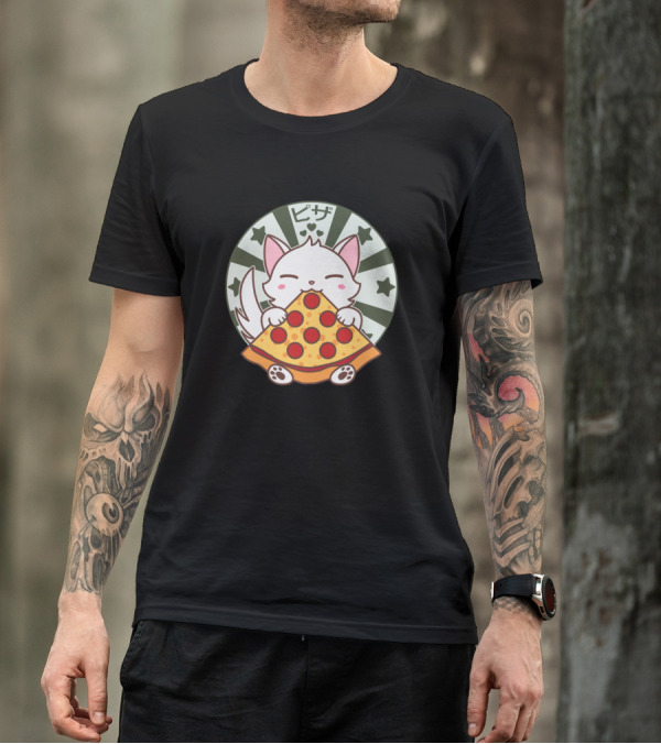 Kawaii Cat Kitten Eating Pizza Slice ピザ Hearts Stars T-Shirt