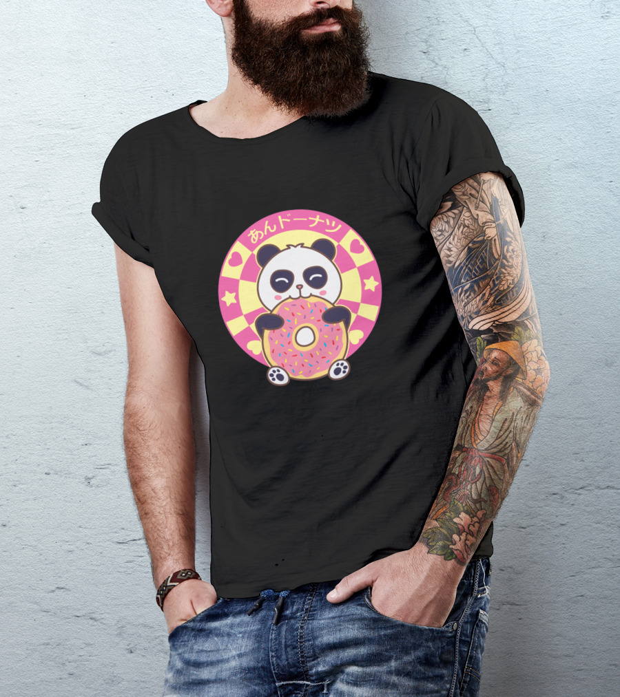 Kawaii Panda Bear Eating Donut Hearts Stars T-Shirt