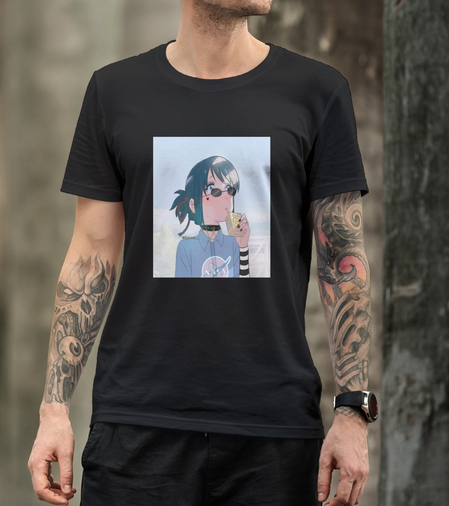 Mitsuha Miyamizu Anime Character Wearing NASA Shirt With Striped Sleeves And Sunglasses Eating Snack T-Shirt