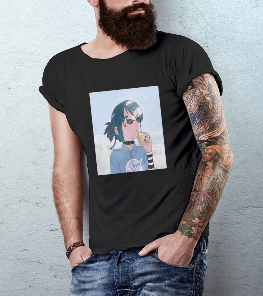 Mitsuha Miyamizu Anime Character Wearing NASA Shirt With Striped Sleeves And Sunglasses Eating Snack T-Shirt