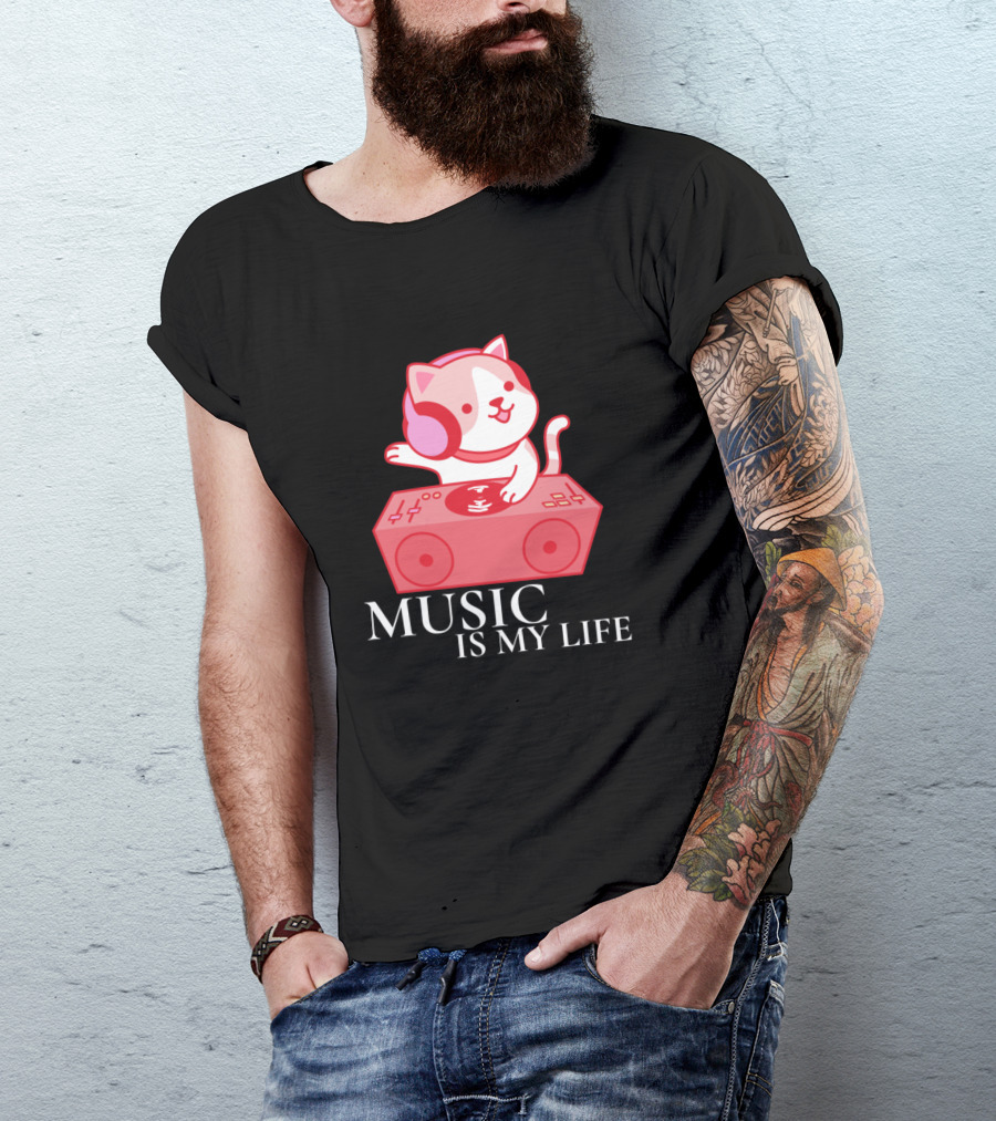Music Is My Life Cat Animal Lover Kitty T-Shirt