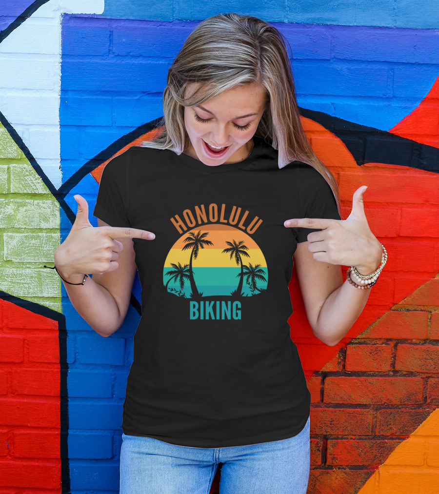 Honolulu Biking Retro Sunset Palm Trees T-Shirt