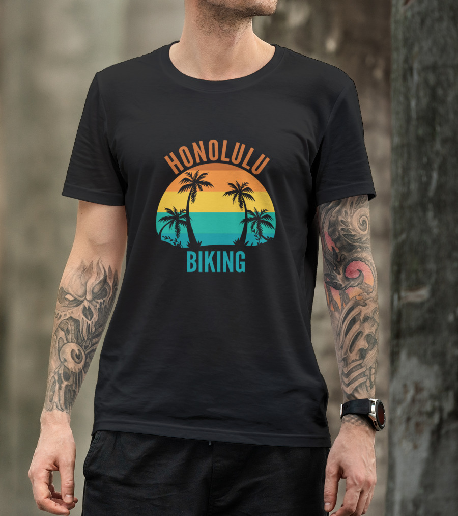 Honolulu Biking Retro Sunset Palm Trees T-Shirt