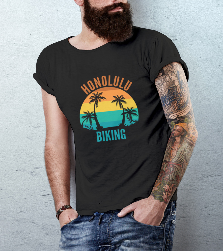 Honolulu Biking Retro Sunset Palm Trees T-Shirt