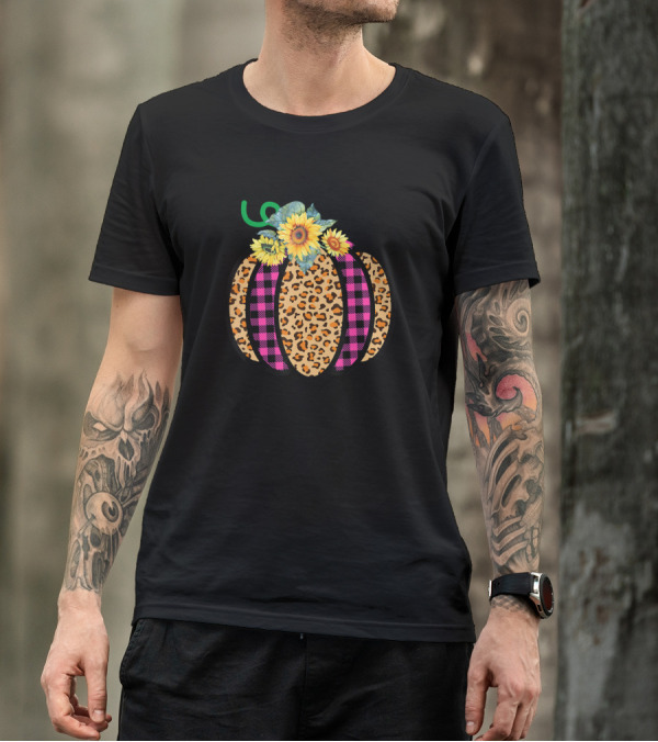 Leopard Pumpkin Sunflower Plaid Fall Halloween T-Shirt