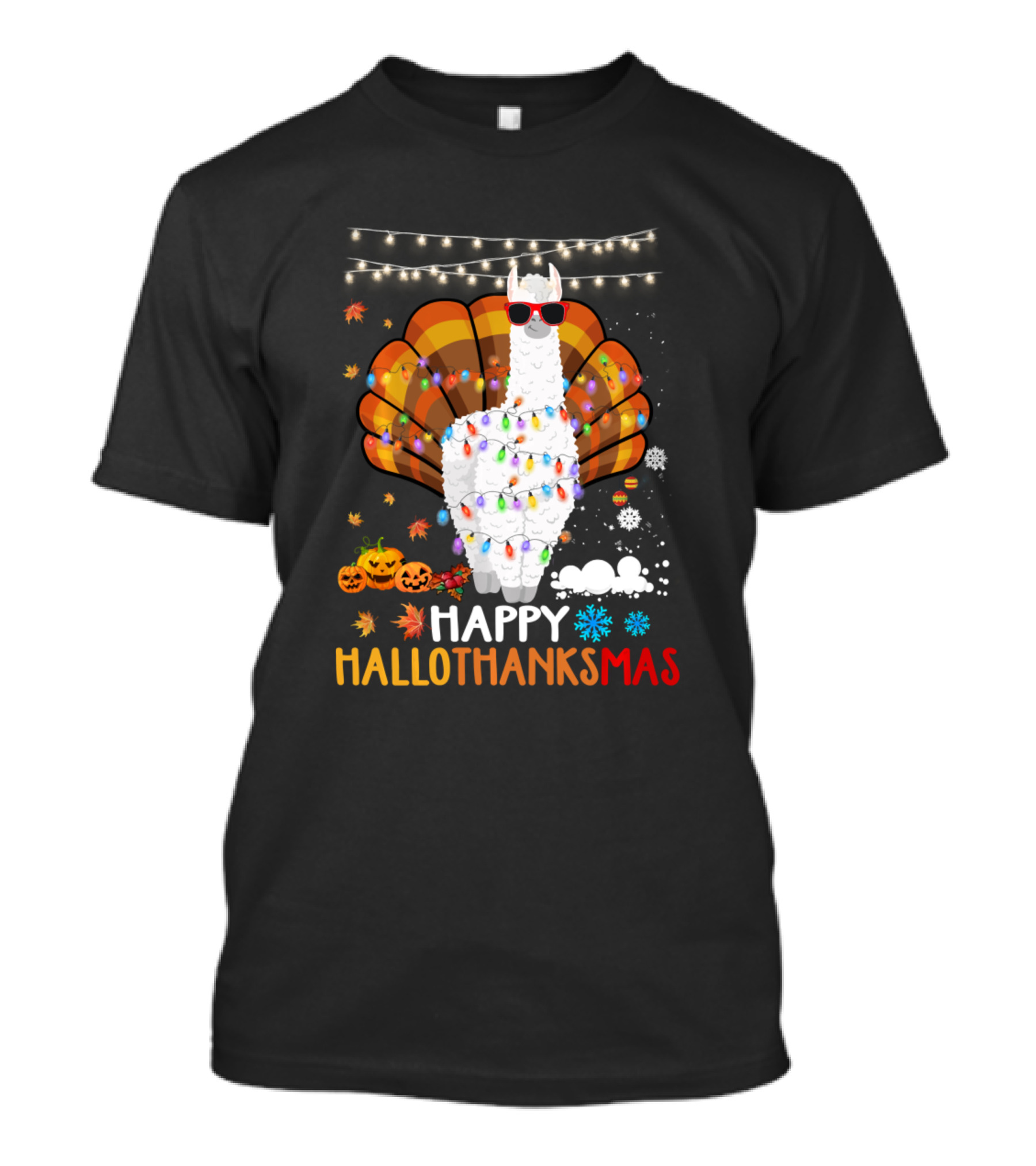 Llama With Lights And Pumpkins Happy Hallothanksmas T-Shirt