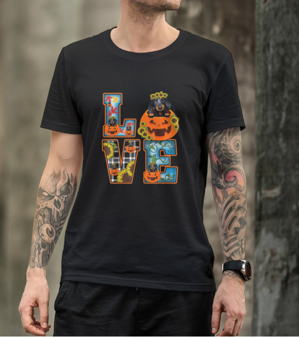 Love Plaid Pumpkin Dachshund Sunflower Thanksgiving T-Shirt