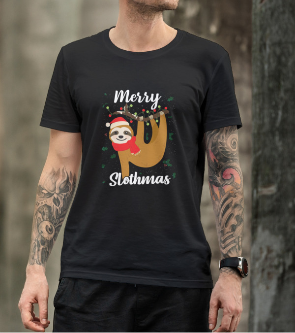 Merry Slothmas Christmas For Sloth Lovers Hanging Festive Sloth With Santa Hat And Scarf T-Shirt