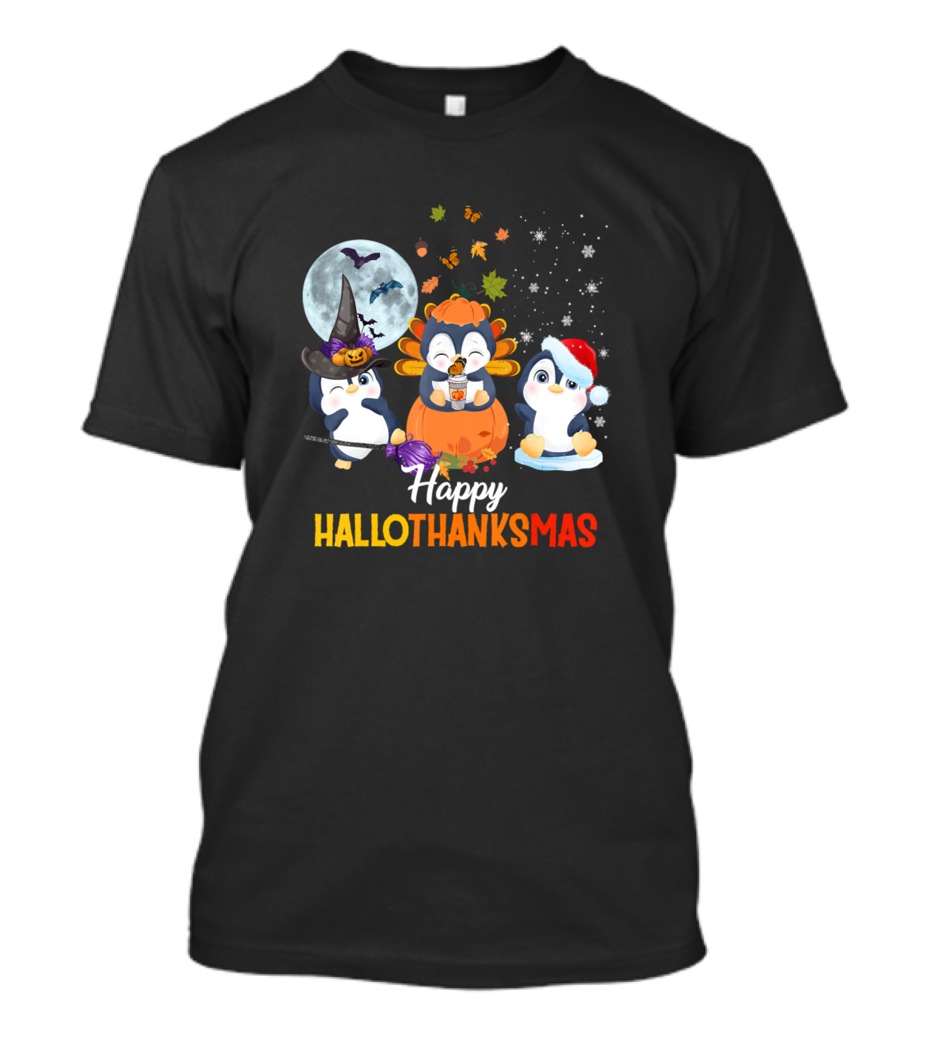 Happy Hallothanksmas Penguins Halloween Merry Christmas Thanksgiving T-Shirt