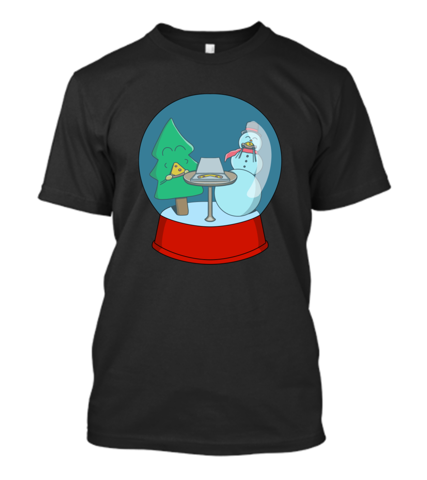 Pizza Time With Christmas Tree And Snowman In Snow Globe T-Shirt