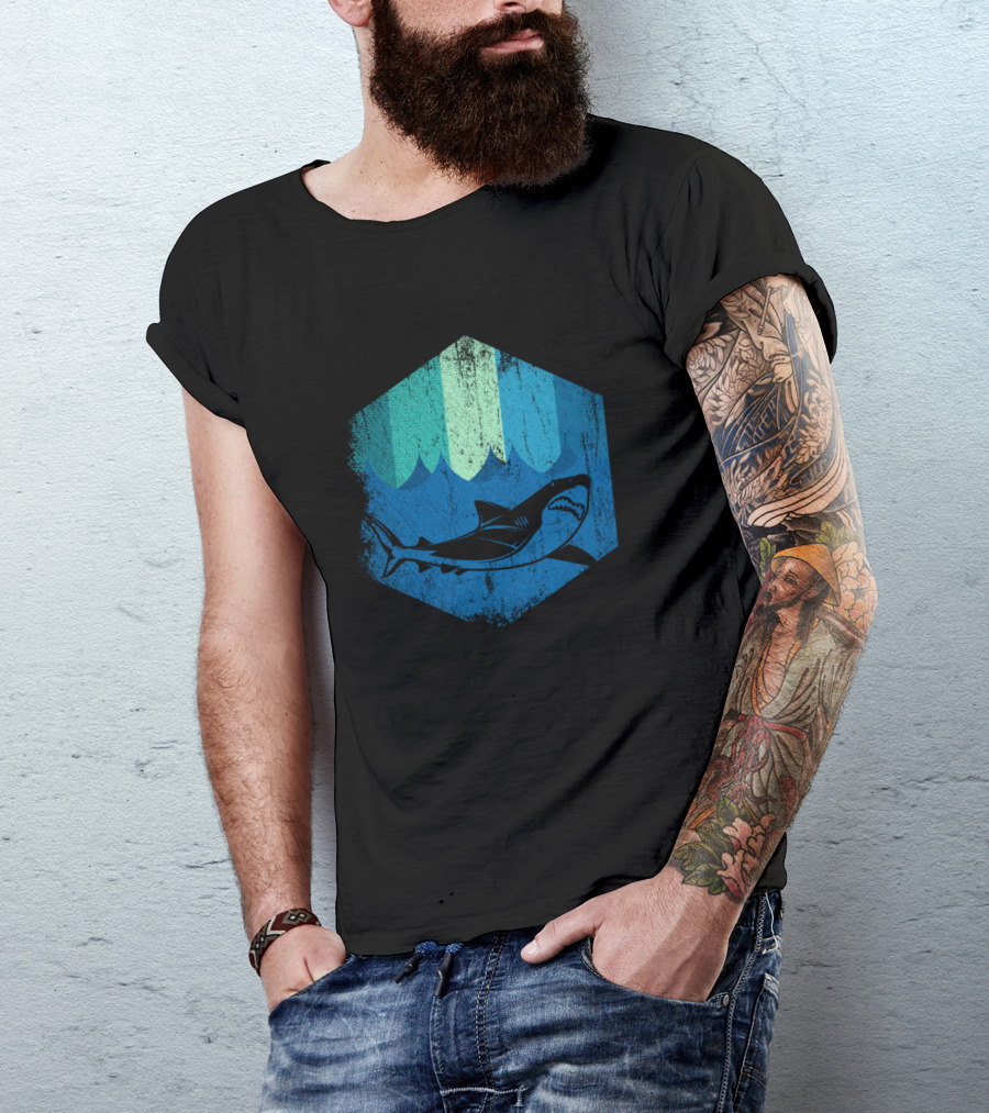 Shark Teeth Underwater Hexagon Ocean Scene T-Shirt