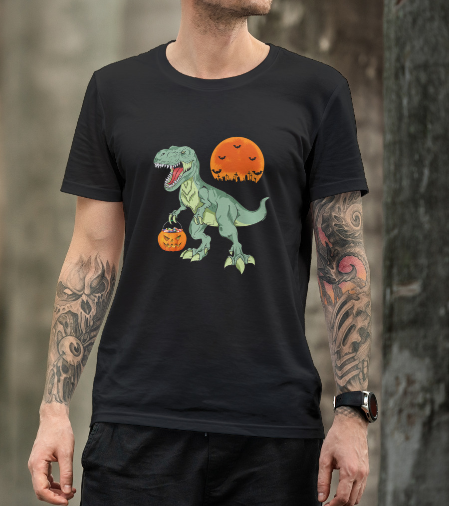 T Rex Dinosaur Boys Halloween Pumpkin Jackolantern Full Moon Bats T-Shirt