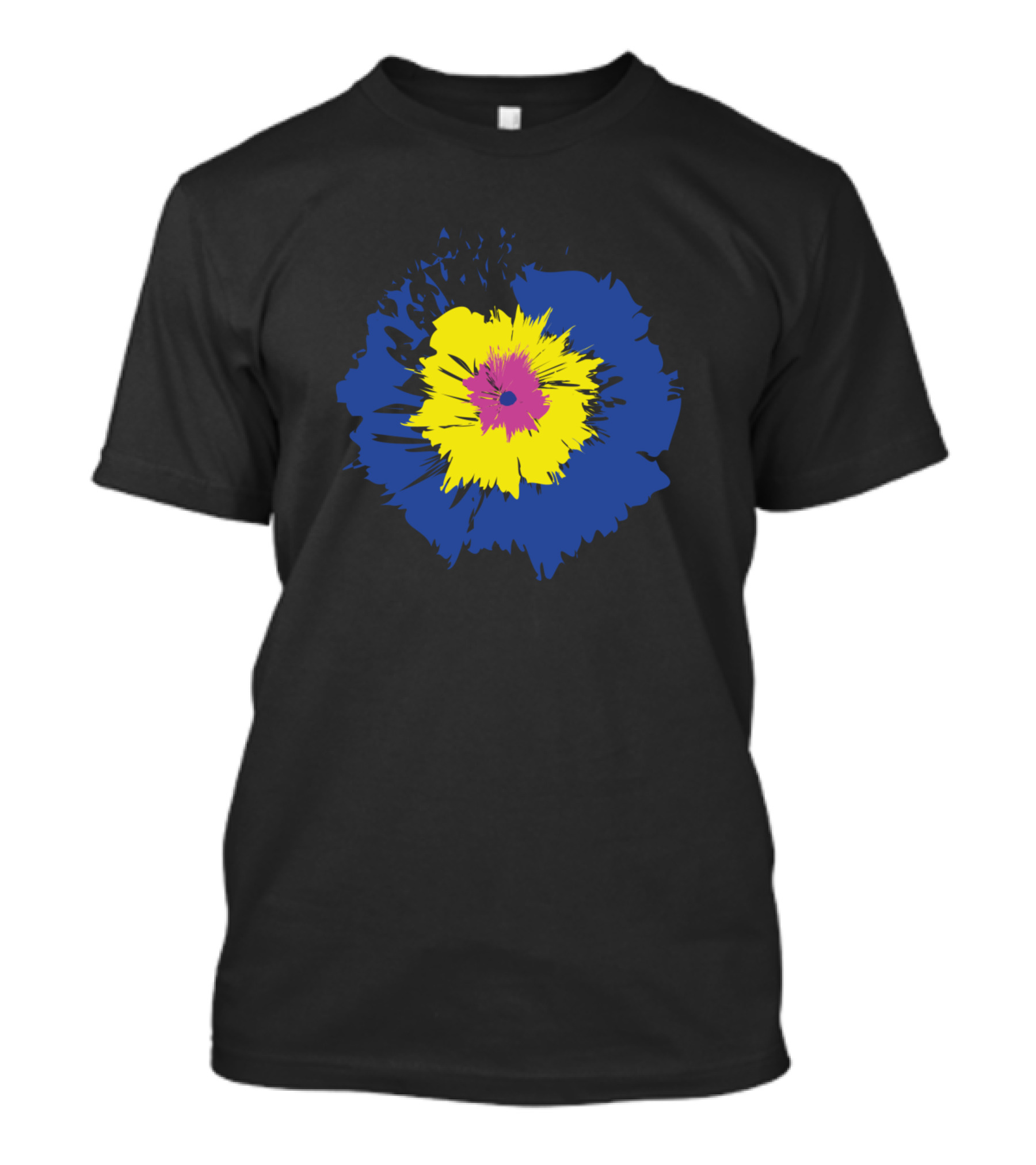 Three Colored Vibrant Blue Yellow Pink Flower T-Shirt