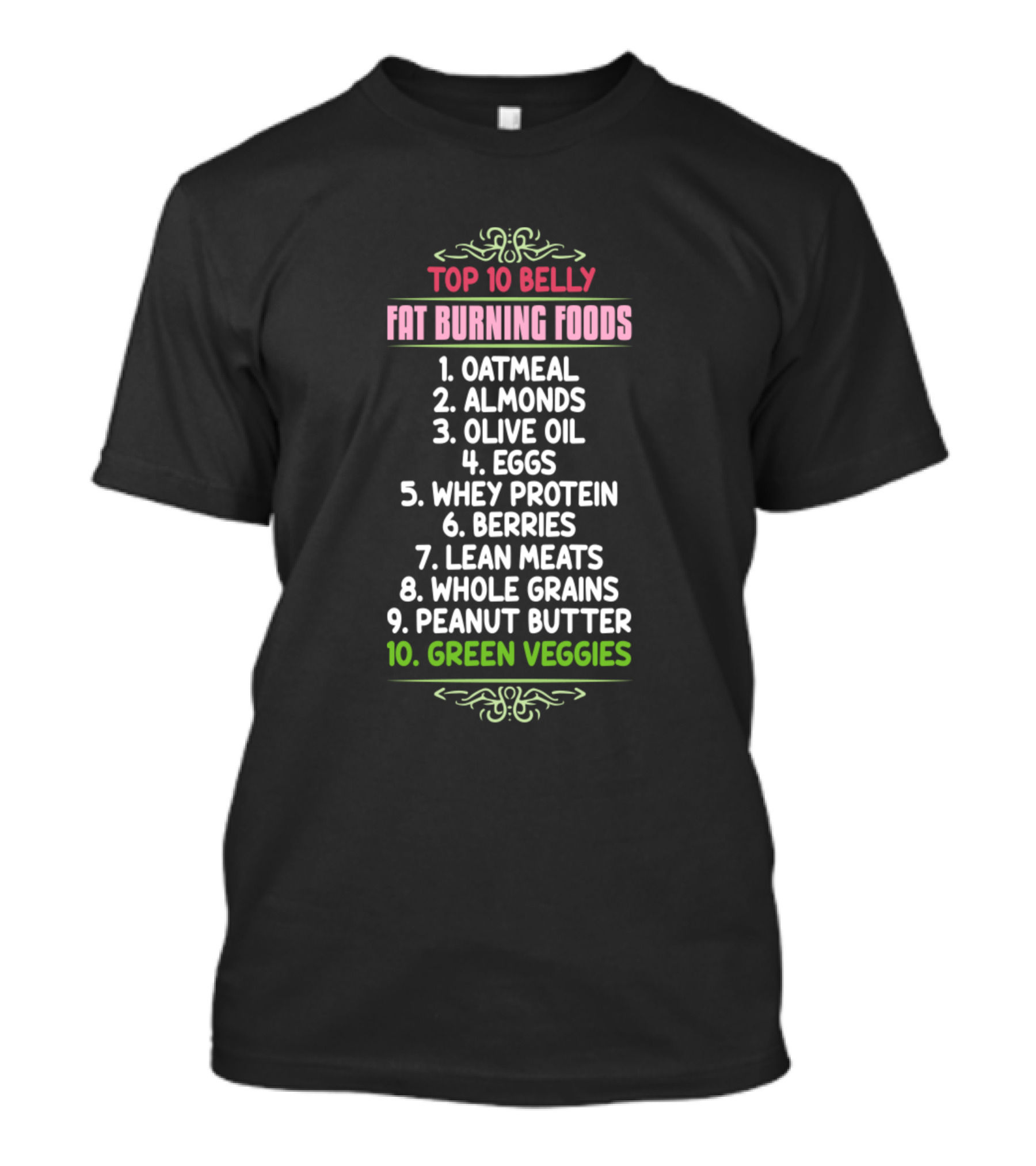Top 10 Belly Fat Burning Foods Oatmeal Almonds Olive Oil Eggs Whey Protein Berries Lean Meats Whole Grains Peanut Butter Green Veggies T-Shirt