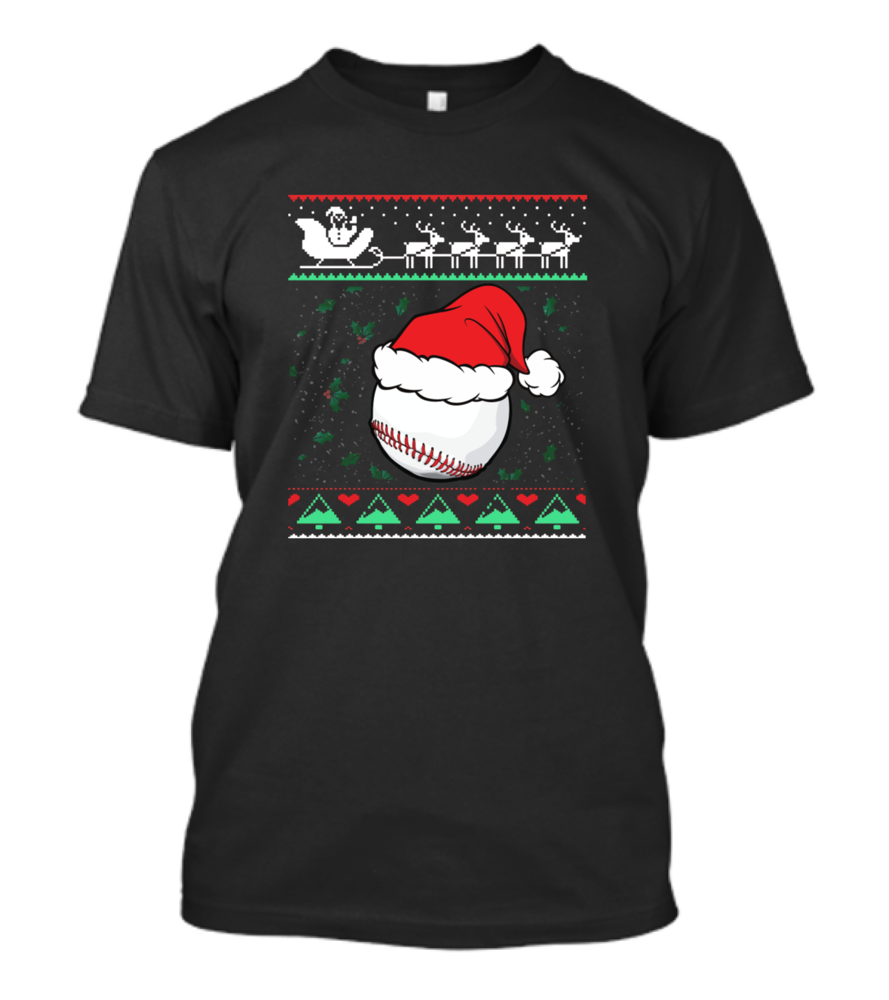 Ugly Christmas Baseball Ball Santa Hat With Reindeer And Sleigh T-Shirt