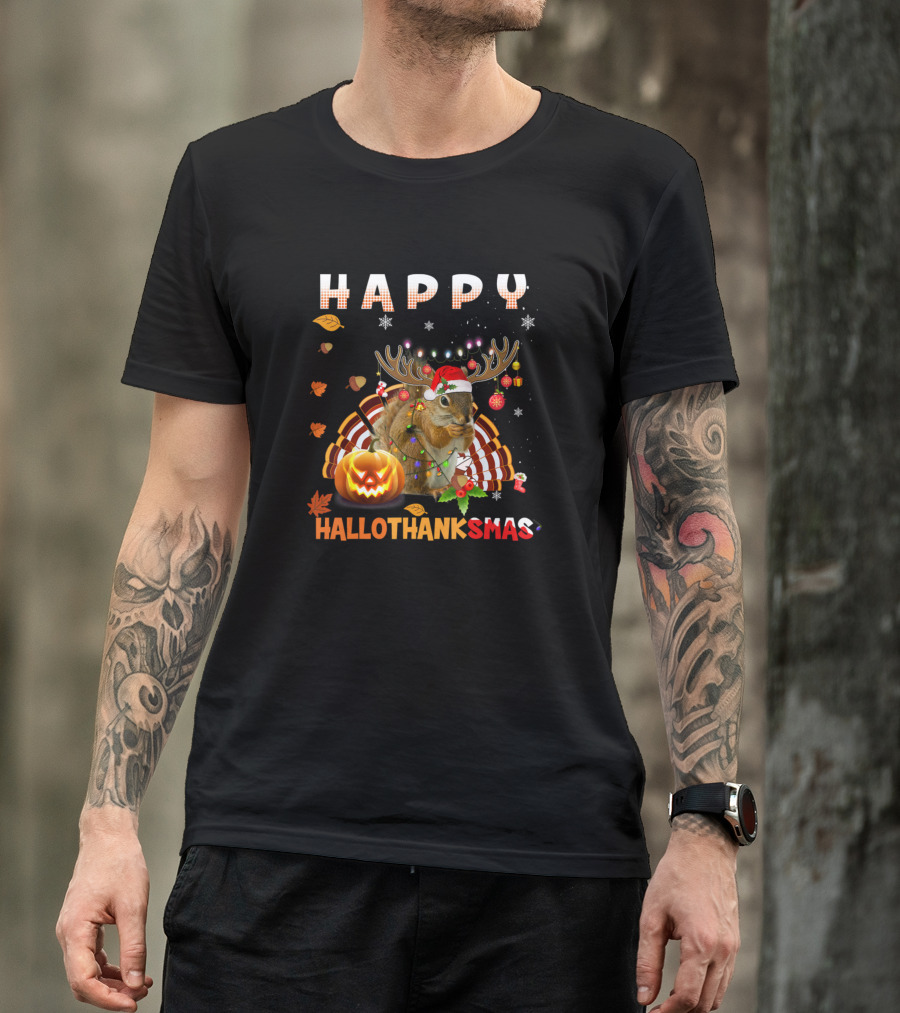 Happy HalloThanksMas Squirrel With Santa Hat And Pumpkin T-Shirt