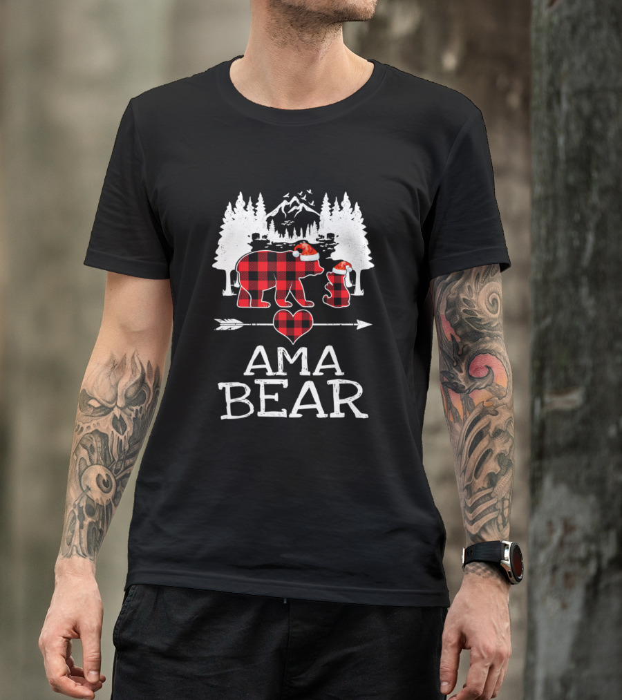 Ama Bear Christmas Red Plaid Buffalo Family Trees Snow Mountains Arrow Heart T-Shirt