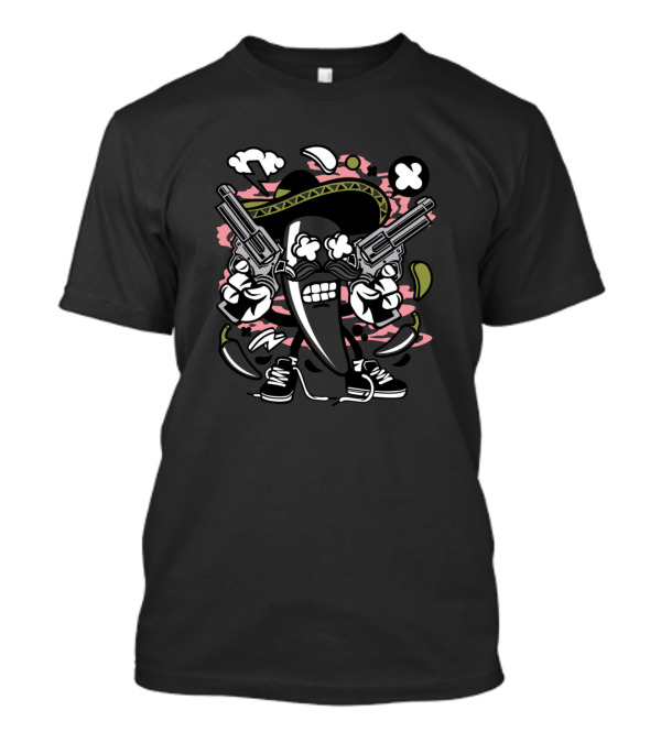 Chilli Mexicano Gunslinger Cartoon With Sombrero Dual Pistols T-Shirt