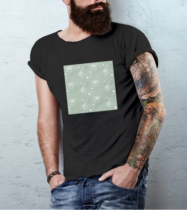 Christmas Seamless Pattern Simple Green White Presents And Leaves T-Shirt