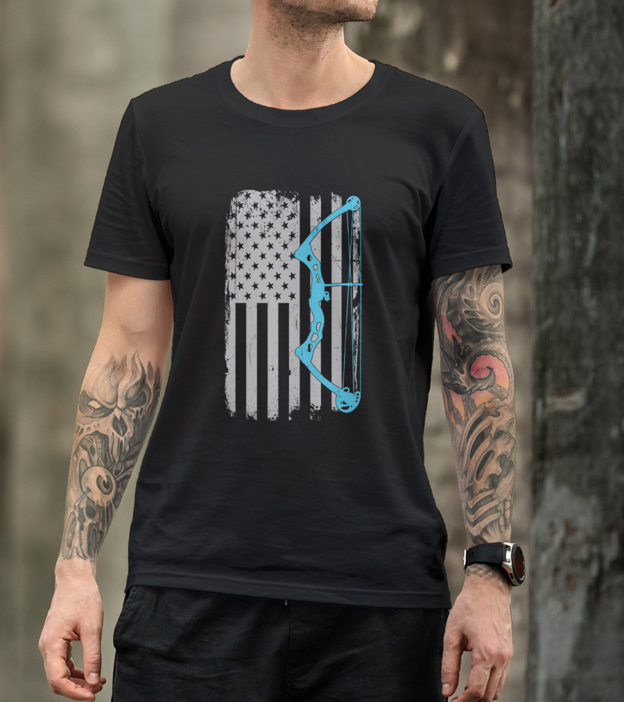 Patriotic American Flag With Compound Bow For Bowhunter Enthusiasts T-Shirt