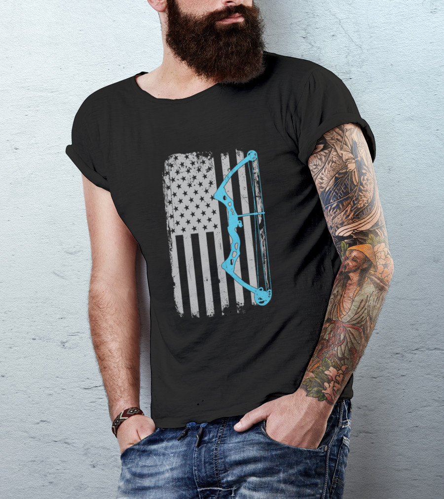 Patriotic American Flag With Compound Bow For Bowhunter Enthusiasts T-Shirt