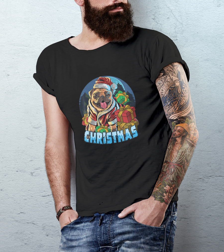 Christmas Pug Santa Hat With Presents Snow Globe Dog Owner T-Shirt