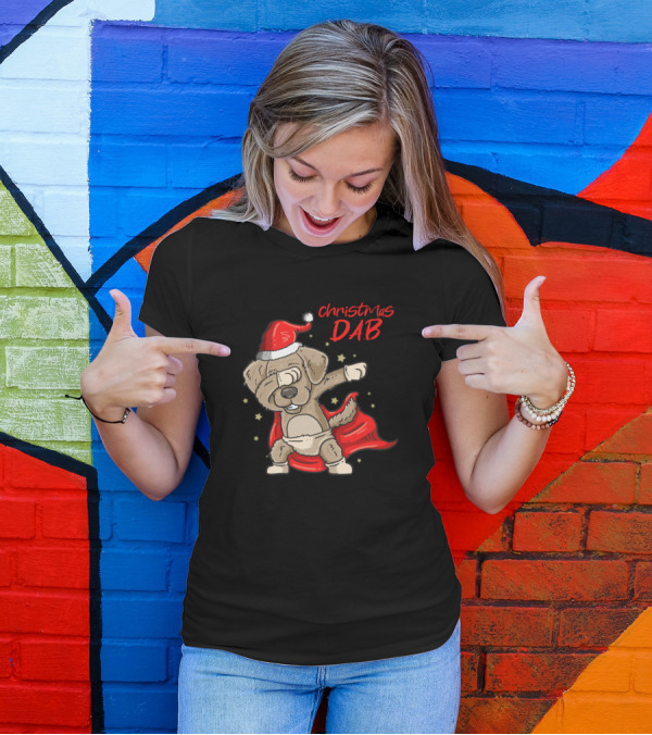 Christmas Dab Dabbing Dog In Santa Hat With Red Cape T-Shirt