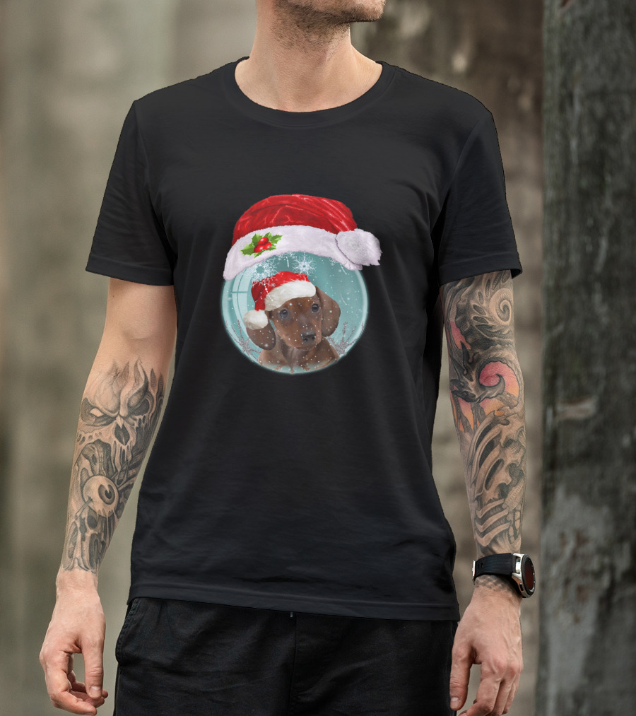 Dachshund Puppy Cute Santa Hat Snow Globe Christmas T-Shirt