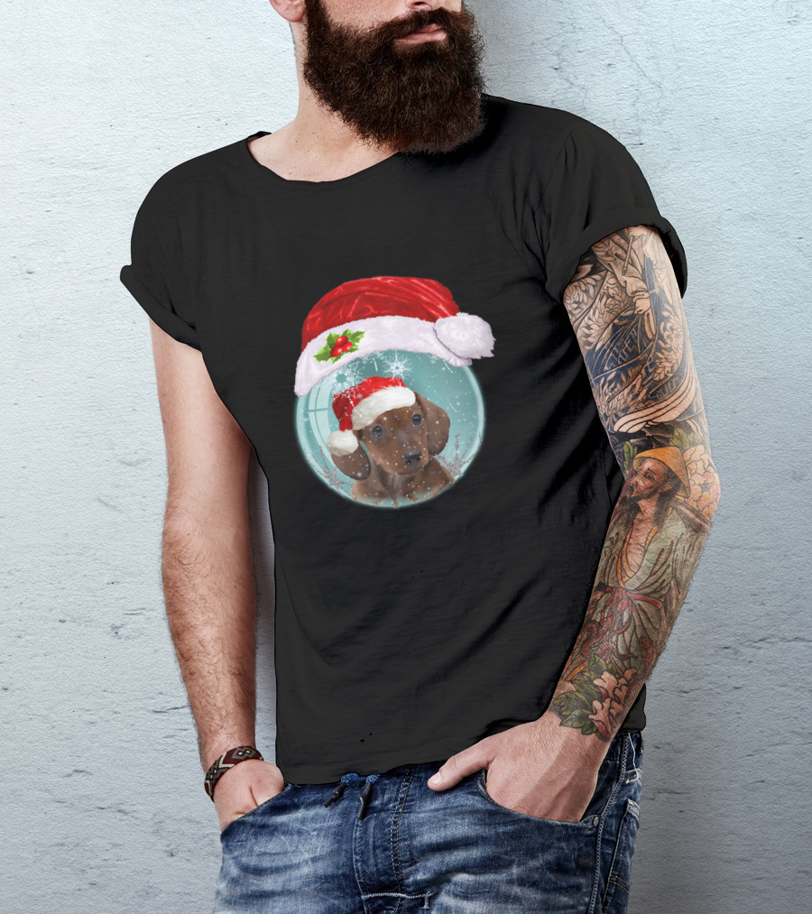 Dachshund Puppy Cute Santa Hat Snow Globe Christmas T-Shirt