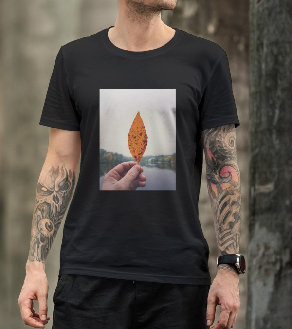 Hand Holding Yellow Leaf Nature Reflection Scene T-Shirt
