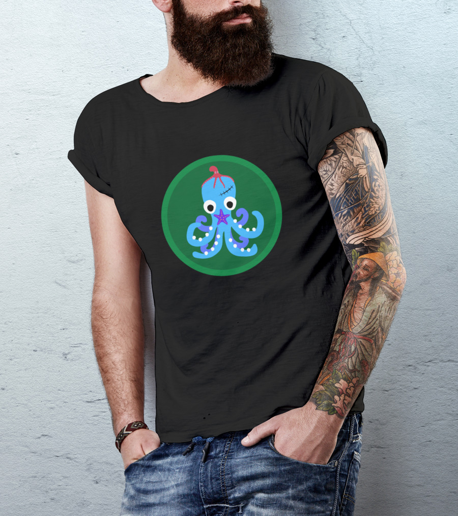 La Petite Pieuvre Bleue Octopus With Star Mark In Green Circle T-Shirt