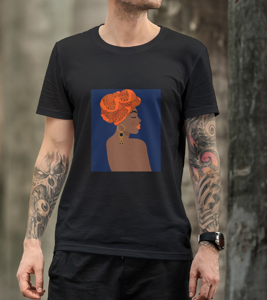 Melanin Beauty Side Profile With Orange Headwrap And Gold Earrings T-Shirt