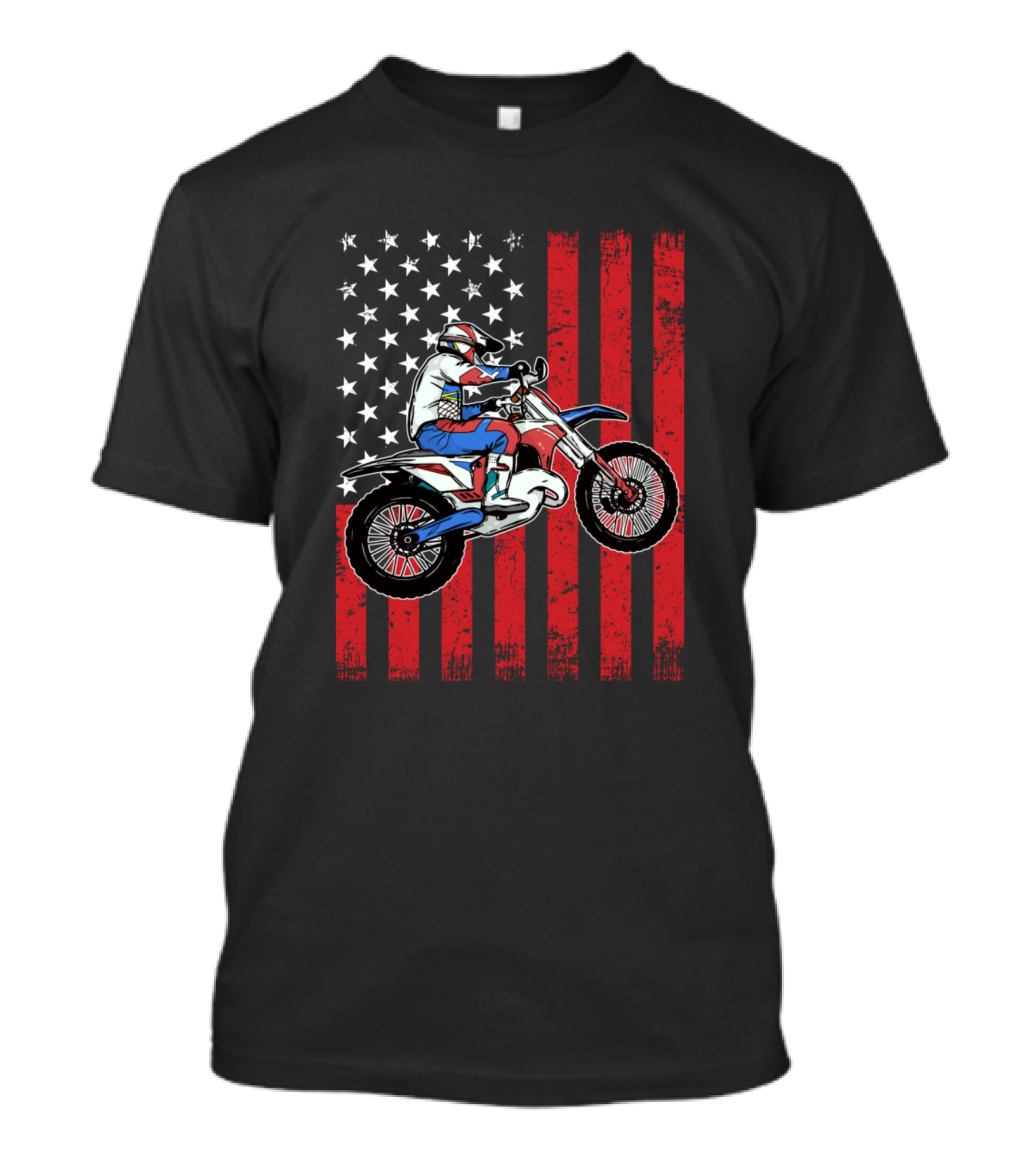 Patriotic Dirt Bike Rider With Distressed American Flag Background T-Shirt